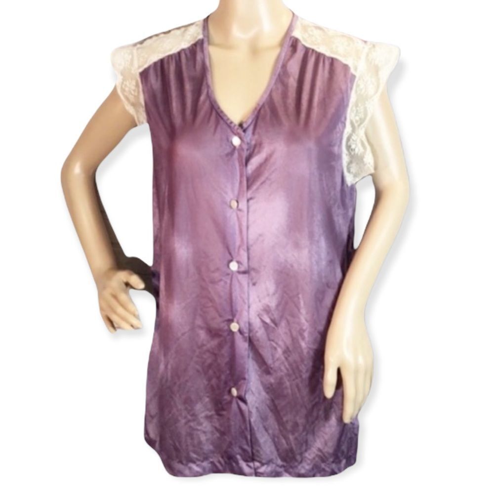 Vintage Society Lingerie Dark Lilac Sleep Shirt Lace Shoulders Medium